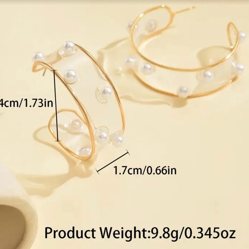 NWOT, acrylic, gold tone and faux pearls modern, open hoop earrings. - Picture 2 of 4